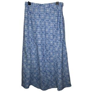 LL Bean 100% Linen Maxi Skirt 8 Blue Printed A-Line Coastal Boho Cottagecore NEW
